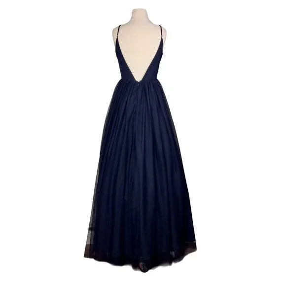 Blondie Nites Navy Gold Embroidered V-Neck V-Back Formal Dress Ball Gown Size 9 - Picture 4 of 16